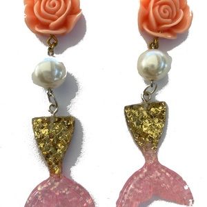 Mermaid pearl peach rose tail ocean pink earrings
